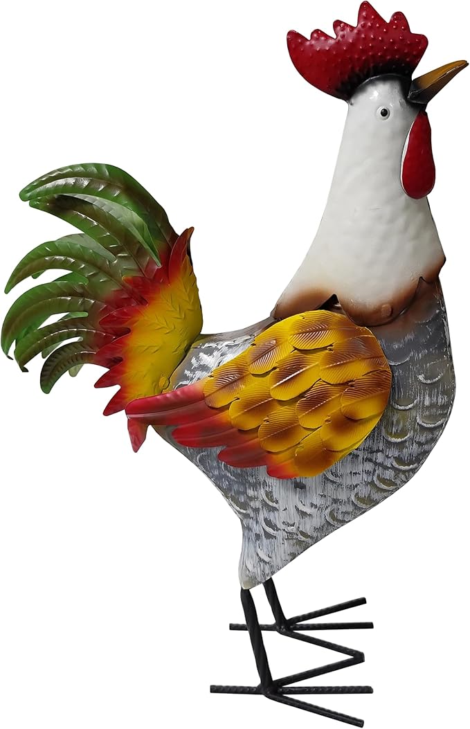 Metal Rooster Statue, Garden Outdoor Decor, Red and Gold Feathers, Weather Resistant, Metal Chicken Yard Art Sculpture, Iron Garden Animal Statue