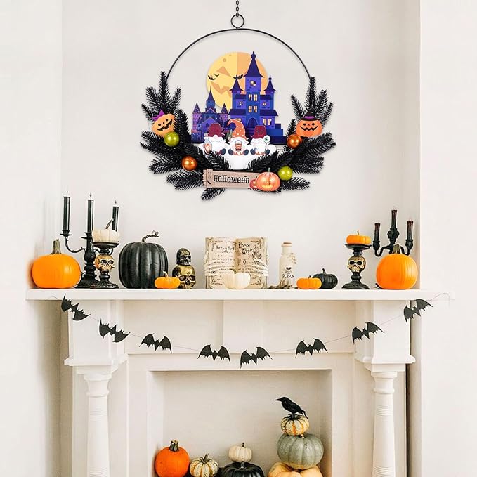 Lighted Halloween Wreaths for Front Door, Welcome Metal Wooden Door Wreath Decor Hanging Sign, 30 LED Lighted Wall Decor Battery Operated for Halloween Indoor Outdoor (Dwarf)