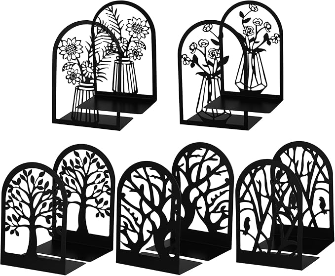 Faccito 5 Pairs Book Ends, Black Metal Bookends for Shelves Decorative, Non Skid Tree Stopper and Flower Shelf Holder for Heavy Books, Home Office School Supplies(Modern)