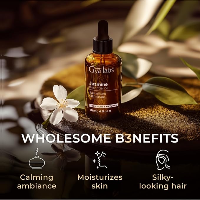Gya Labs Jasmine Essential Oil for Diffuser - Huge 4 Fl Oz - 100% Pure Natural Jasmine Oil for Diffuser, Skin, Hair, Massages, Aromatherapy & Candle Making Scent