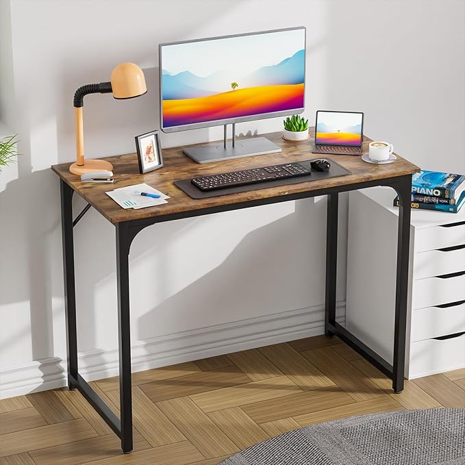 PayLessHere | 39 Inch Computer Desk | Brown | Office Desk with Metal Frame, Adjustable Feet | Water-Resistant, Scratchproof Surface | Sturdy Writing Table for Home Office or Study | Pack of 1