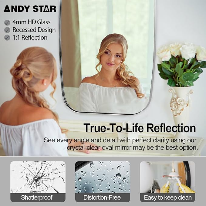 ANDY STAR Chrome Oblong Mirror, 30x48 Inch Polished Chrome Oval Mirror for Bathroom with Stainless Steel Metal Frame, Wall Mouned for Bathroom, Living Room, Entryway
