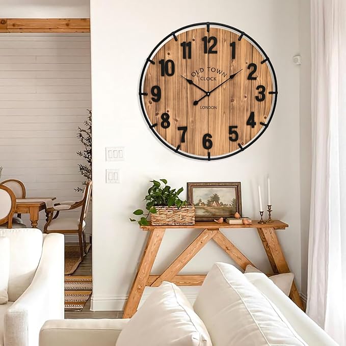 Large Old Town Farmhouse Wall Clock 30 Inches Rustic Antique Wood with Metal Circle and Large Numerals Silent Battery Operated Wall Clock for Office Kitchen Bedroom Living Room
