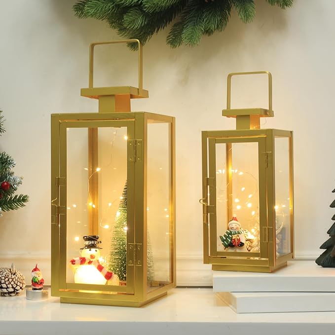 DECORKEY Fall Christmas Golden Decorations for Home, 17''&13'' Metal Candle Lanterns Decorative Outdoor&Indoor, Modern Hanging/Tabletop Candle Holders for Porch Patio Wedding Decor