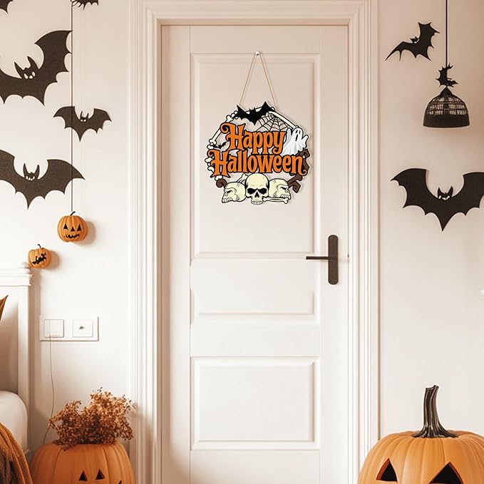 Halloween Door Wreath, Happy Halloween Sign Wooden Ghosts Skulls Bats Halloween Wreaths for Front Door, Halloween Door Decorations Indoor Outdoor Sign