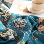 Boho Muslin Blanket for Adults 4-Layer Gauze 80 x 90 Inches Soft Cozy 100% Cotton Summer Cooling Blanket Floral Decor for Sofa Bed Coverlet Both Sides (Flowr Branch Teal, 80 x 90 in)