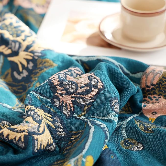 Boho Muslin Blanket for Adults 4-Layer Gauze 80 x 90 Inches Soft Cozy 100% Cotton Summer Cooling Blanket Floral Decor for Sofa Bed Coverlet Both Sides (Flowr Branch Teal, 80 x 90 in)