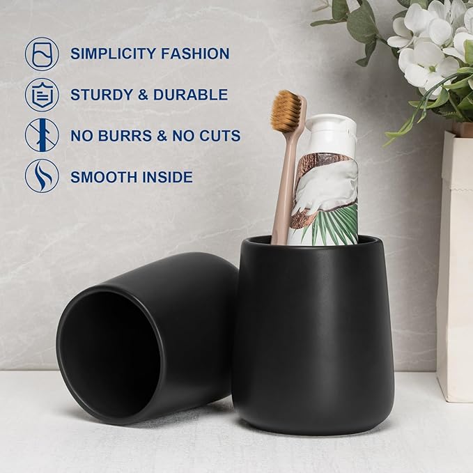 Bathroom Tumbler Cup Ceramic 2Pcs 13.5oz Reusable Toothbrush Cup 400ml, Toothbrush Holder Adequate for Your Bathroom (Black Brown)