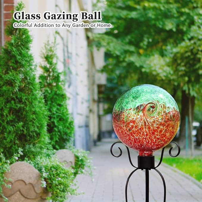 VCUTEKA Gazing Ball, Glass Gazing Balls Sphere for Garden Lawn Outdoor Ornament Yard Decorative, Red Swirl, 10"