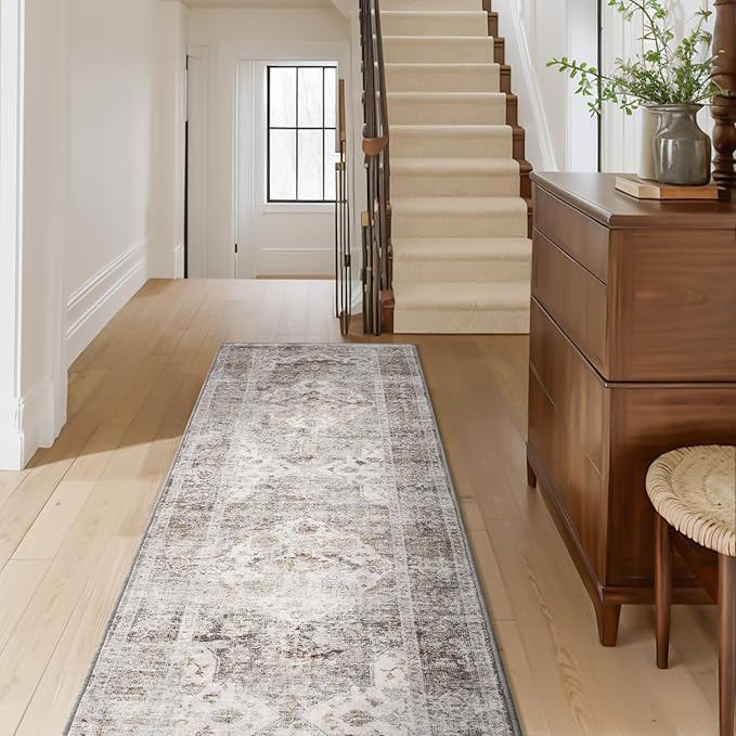 AMOAMI-2X6 Runner Rug-Washable Runners for Hallways-Soft Non Slip Bedside Rugs for Bedroom-Vintage Long Rug for Hallways Entryway Laundry Room Stair Kitchen Bathroom Grey