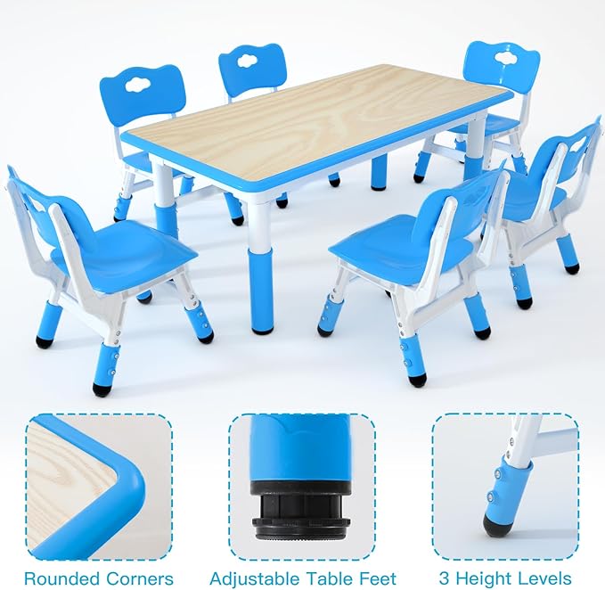 Kids Study Table and 6 Chairs Set,Height Adjustable Table and Chairs for Children and Toddlers,47.2"X23.6"Graffiti Desktop,Suitable for Daycare,Classrooms, Home