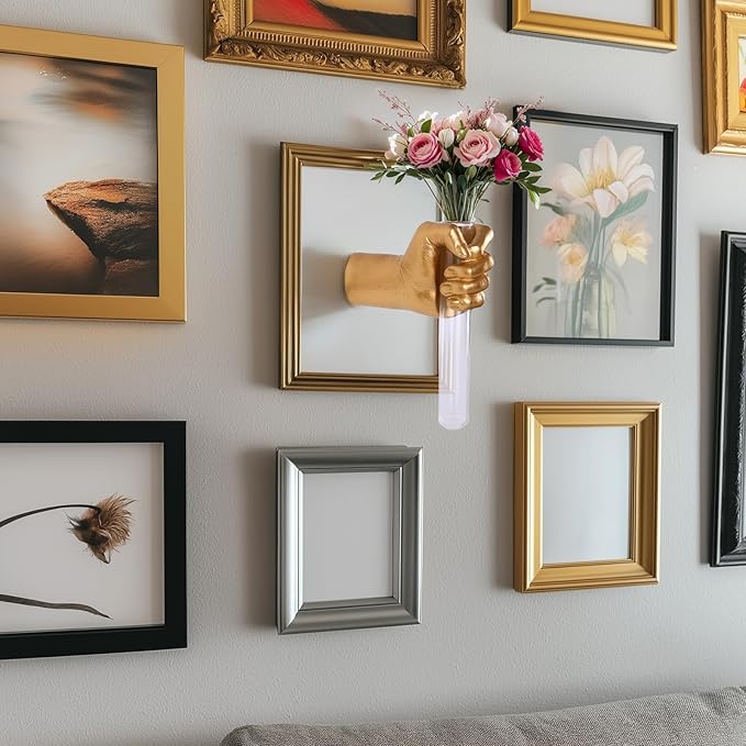 Gold Wall Sculptures, Hand Vases Home Decor, Wall Mount Art Sculpture, Unique Wall Art Statue, Funky Flower Vase Decorations, Modern Eclectic Hanging Decor,Glass Test Tube Vase