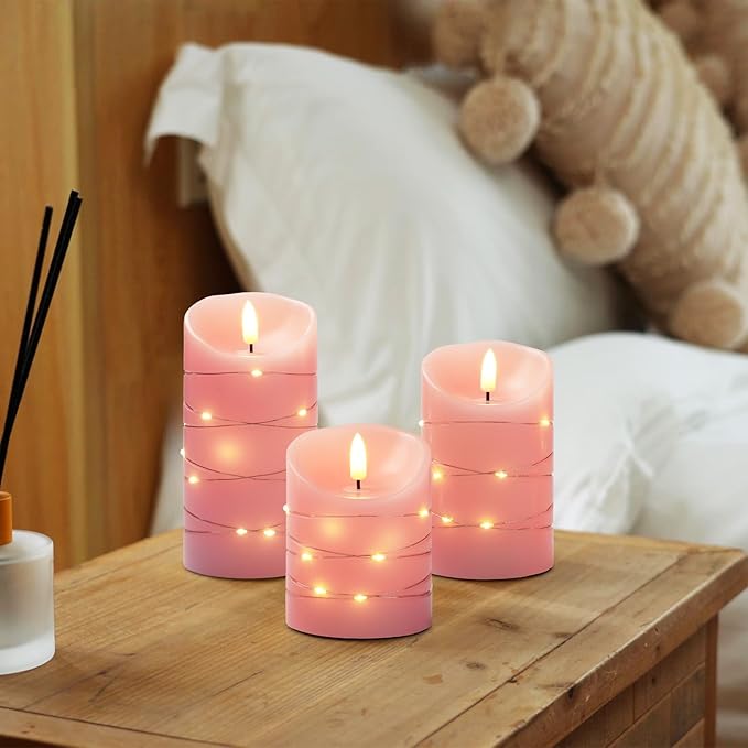 Homemory Flameless Candles with String Lights, 3 Pack Embedded Fairy String Lights LED Candles, Electric Flickering Candles with Remote Control and Timer, Real Wax, Pink