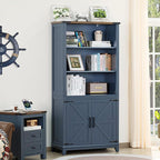 70in Tall Bookshelf 5 Tier Bookcase with Barn Doors and Adjustable Shelves, Blue Farmhouse Book Shelf with Storage Cabinet, Wood Freestanding Display Bookshelves for Bedroom, Living Room