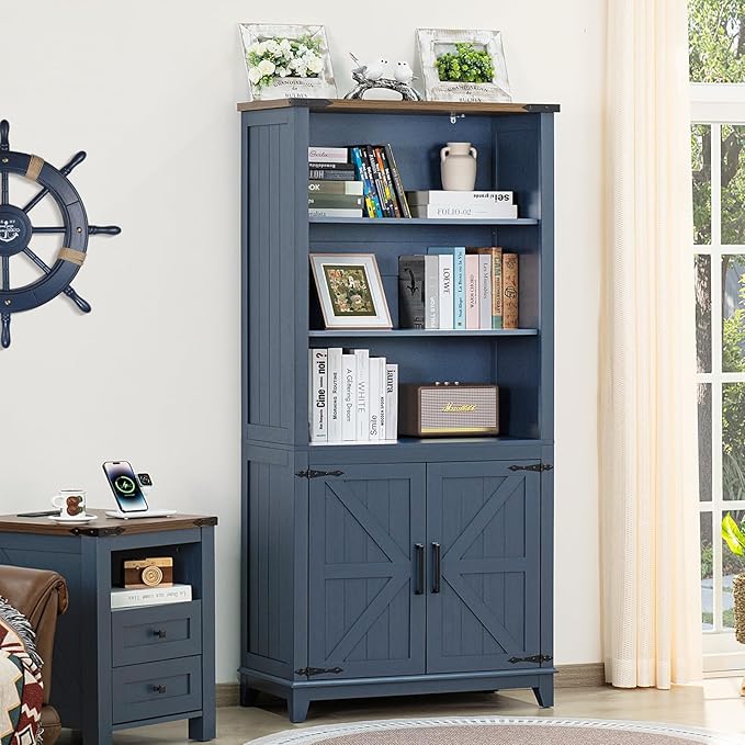 70in Tall Bookshelf 5 Tier Bookcase with Barn Doors and Adjustable Shelves, Blue Farmhouse Book Shelf with Storage Cabinet, Wood Freestanding Display Bookshelves for Bedroom, Kitchen (2PCS)