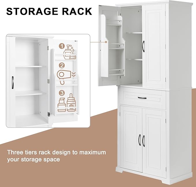 72.2" Tall Storage Cabinet with 4 Doors and Drawer, Freestanding Linen Cabinet, Wooden Pantry with Adjustable Shelf for Kitchen, Bathroom, Living Room White
