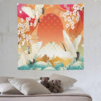 HZOHNAGO Japanese Tapestry Cherry Blossom Crane Sea Wave Fuji Mountain Red Sun Pattern Printed Wall Tapestry Painting Wall Hanging for Bedroom Living Room Dorm 60" W x 60" H