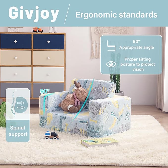 Toddler Chair Kids Couch, 2-in-1 Toddler Soft Sherpa Couch Fold Out Armchair Glow in The Dark with Removable Cover, Convertible Reading Chair Sofa for Kids, Plush Green Dinosaur