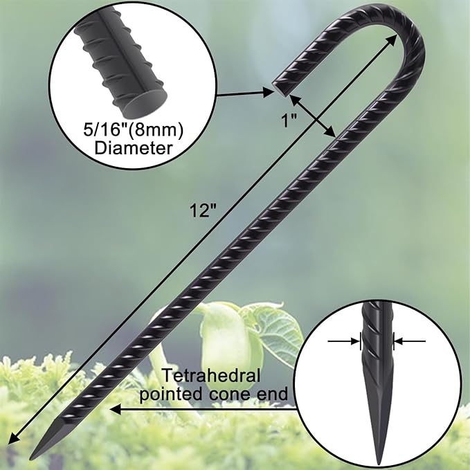 VVOKGO Rebar Stakes 12 Inches J Hook Heavy Duty Chain Link Fence Stakes, 32 Pcs Metal Long Tent Spikes Ground Anchors for Wire Fencing, Dogs Digging, Camping Tents, Swings, Greenhouse, Black