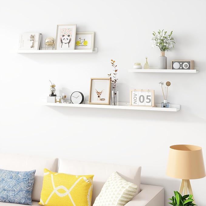 Picture Ledge Shelf, Wood Floating Shelves Set of 2, 36 inch Picture Ledge Shelves, Photo Ledge Nursery Book Shelves Wall Mounted for Living Room Kids' Room Bedroom, Color White