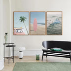 Tinonedraw Large Ocean Beach Framed Canvas Wall Art, Summer Coastal Surfboard Wall Decor, Palm Tree Pink Car Artwork, Modern Surfing Seascape Art Prints for Living Room Bedroom Office 16"x24"x3