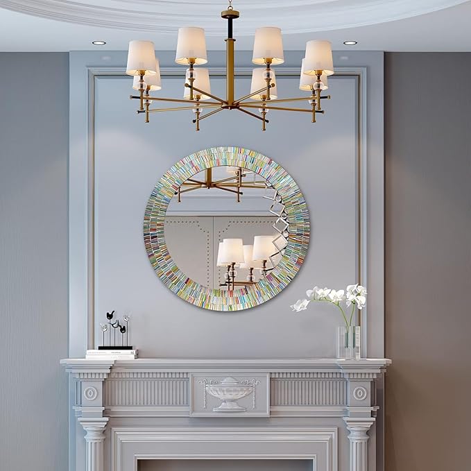 Bohemian Rainbow Wall Mirror -Glass Mosaic Mirror Decorative Wall Mirror, Multi Color Spectrum Wall Mountable, 24" Multi-Color Round Framed Mirror