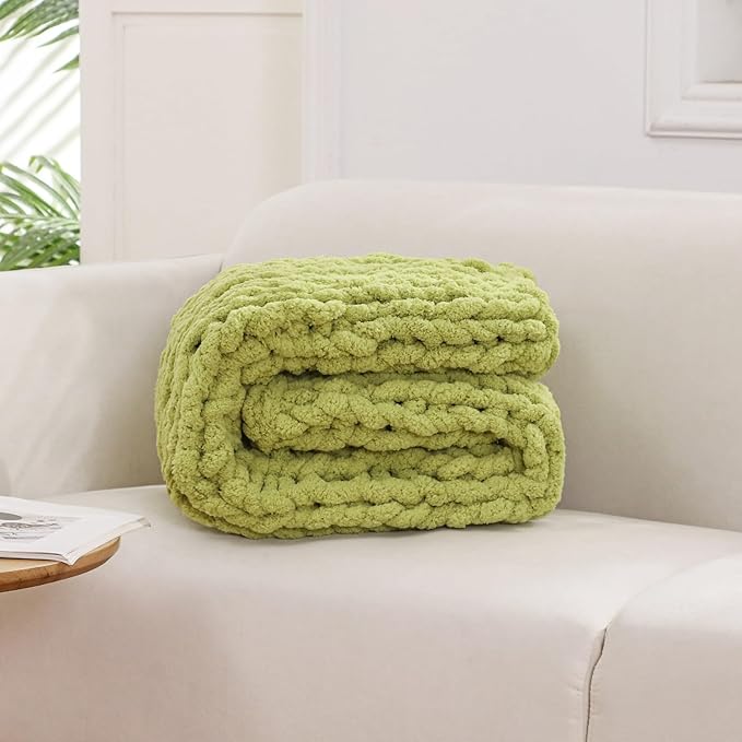WESHIONGOO Chunky Knit Blanket Throw Knitted Throw Blankets for Couch Bed Fluffy Soft Blanket with Jumbo Chenille Yarn Thick 100% Handmade (Lime Green, 40"×40")
