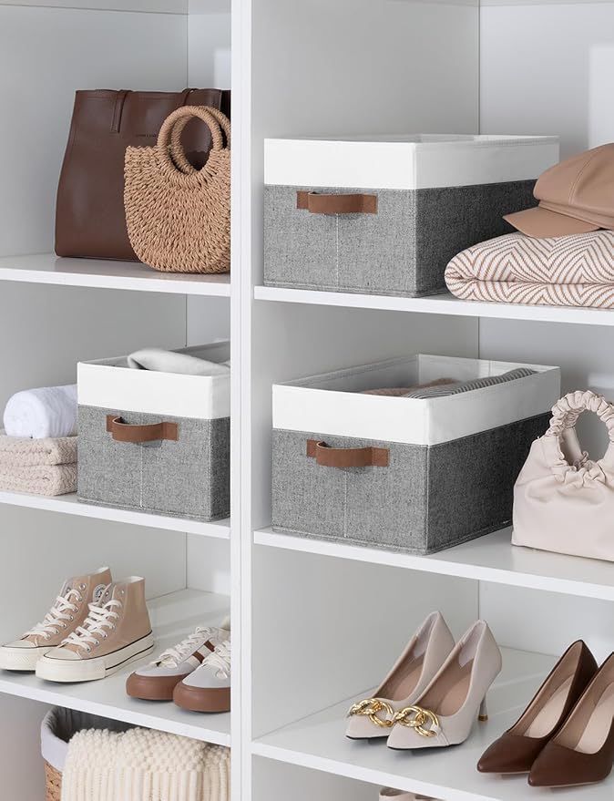 StorageWorks Storage Baskets for Shelves, Foldable Fabric Closet Storage Bins with Handles, Fabric Storage Bins Clothes Organizer, Gray and White, 3-Pack, Large