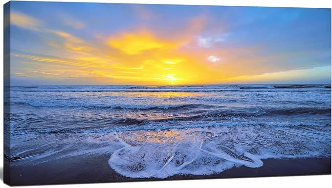 Wall Art Decor Large Sunset Canvas Print Picture Sunrise Ocean Beach Waves Scenery Modern Painting Artwork for Home Office Living Room Bedroom Decoration Framed Ready to Hang, 20x40Inch