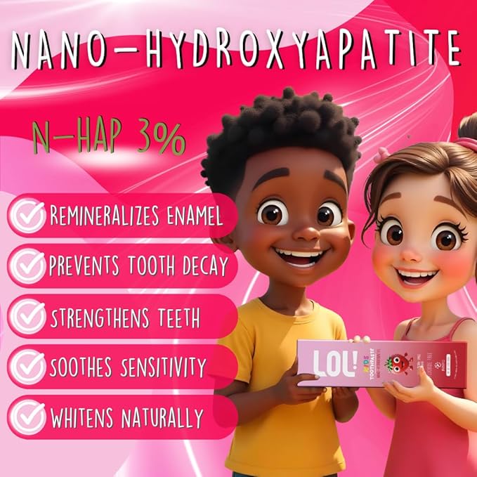 LOL Fluoride Free Toothpaste Kids, Nano Hydroxyapatite Toothpaste,Probiotics & Xylitol Tooth Paste Kids | Remineralizing | Natural | Plant-Based Foam | Pasta De Dientes para Niños. (Strawberry)