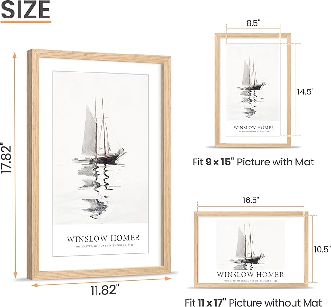 upsimples 11x17 Picture Frame, Natural Solid Wood Picture Frames, Display 9x15 with Mat or 11 x 17 Without, Vertical or Horizontal Wall Hanging, 1 Pack, Natural