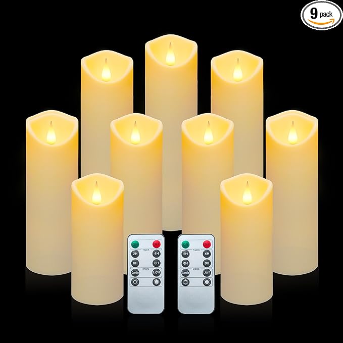 Aignis 9pcs Flameless LED Candles Battery Operated with 10-Key Remote & Timer, Indoor Heat Resistant, 3D Wick with Warm Flickering Glow for Cozy Home/Wedding/Holiday Décor (D 2.2" x H 5"/6"/7")