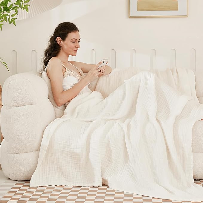 EMME Cotton Blanket King Size for Bed Soft Muslin Blankets 108"x90" Lightweight Breathable Layering Blanket Bedspread Coverlet All Season Gauze, White