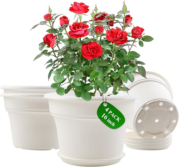 16 inch Plastic-Flower-Pot-for-Indoor-Plants, 4 Pack Large Outdoor Planter Pot with Drainage Holes & Saucers, Resin Decorative Garden Pots Planters