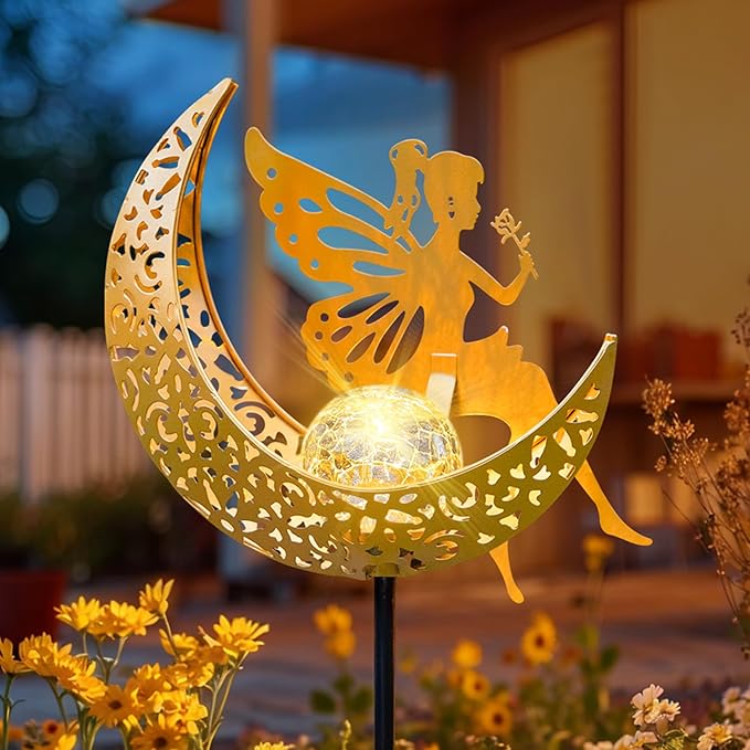 Fairy Moon Solar Lights Outdoor Garden Gifts for Mom Yard Decorations Stakes Lights, Waterproof LED Outside Backard Decor, Lawn Patio Ornaments, Mothers Day Birthday Gifts for Mom (Gold,1Pack)