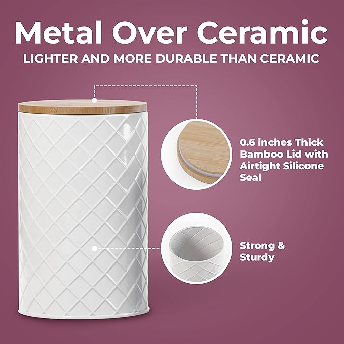 Pebble & Stem® White Metal Canister Set for the Kitchen Counter, Food Canister Set of 4, Airtight Lids, Sugar and Flour Containers for Countertops, Coffee and Tea Storage, Farmhouse Decor