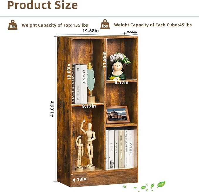 LEYAOYAO 5 Cube Mid-Century Modern Brown Wood Bookcase, 3 Tier Storage Organizer Shelf, Rustic Display Cabinet for Bedroom, Living Room, Office