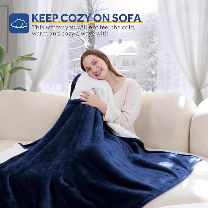 Sealy Electric Blanket Throw Size 50"*60",Super Cozy Flannel to Sherpa Reversible Heated Blanket Throw with 6 Heating Levels & 2-10 Hours Auto Off Overheating Protection Machine Washable,Navy
