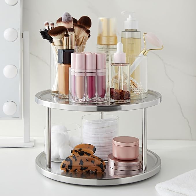 Juvale 2-Tier Lazy Susan Spice Rack Organizer for Cabinet - Stainless Steel Spice Carousel - Pantry & Kitchen Countertop Organizer (10.5 in)