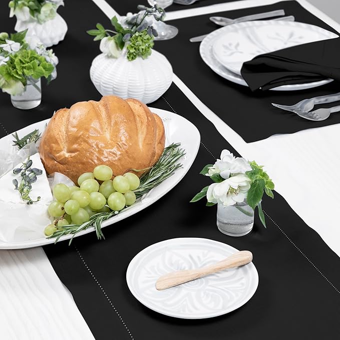 Solino Home Linen Black Table Runner 48 Inches - Classic Hemstitch, 100% Pure Linen Coffee Table Runner 14 x 48 Inch Ideal for Dresser Tables - Fall, Autumn, Halloween, Thanksgiving