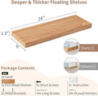 Axeman Floating Shelves for Wall, 24''W x 8'' D Rustic Solid Elm Wood Shelves for Storage, Wall Mounted Display Shelving with Invisible Heavy-Duty Metal Bracket (Natural, 2PCs)