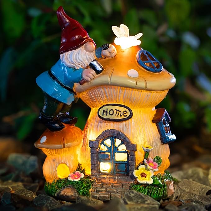 Garden Gnome Statues Figurine Lights - Solar Powered Lighting Outdoor Decorations, Gnome Build Mushroom Fairy House, Yard Art Lawn Ornaments for Porch Patio Balcony - Gnome Gifts for Women Mom