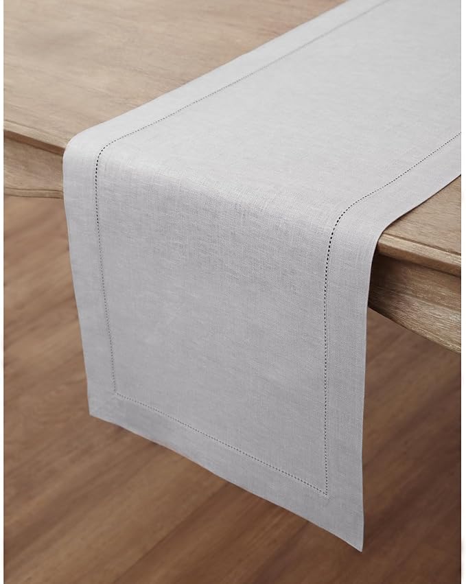 Solino Home Linen Soft Grey Table Runner 90 Inches Long - 100% Pure Linen Hemstitch 14 x 90 Inch Table Runner for Dining, Fall, Autumn, Thanksgiving - Classic Hemstitch