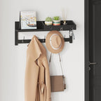 AMBIRD Wall Hooks with Shelf 26.57inch Entryway Wall Hanging Shelf Wood Coat Hooks for Wall Coat Rack Wall Mount Rack with 5 Dual Hooks 3 Key Hooks Mail Organizer and Key Rack Key Holder (Black)