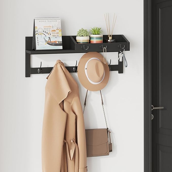 AMBIRD Wall Hooks with Shelf 26.57inch Entryway Wall Hanging Shelf Wood Coat Hooks for Wall Coat Rack Wall Mount Rack with 5 Dual Hooks 3 Key Hooks Mail Organizer and Key Rack Key Holder (Black)