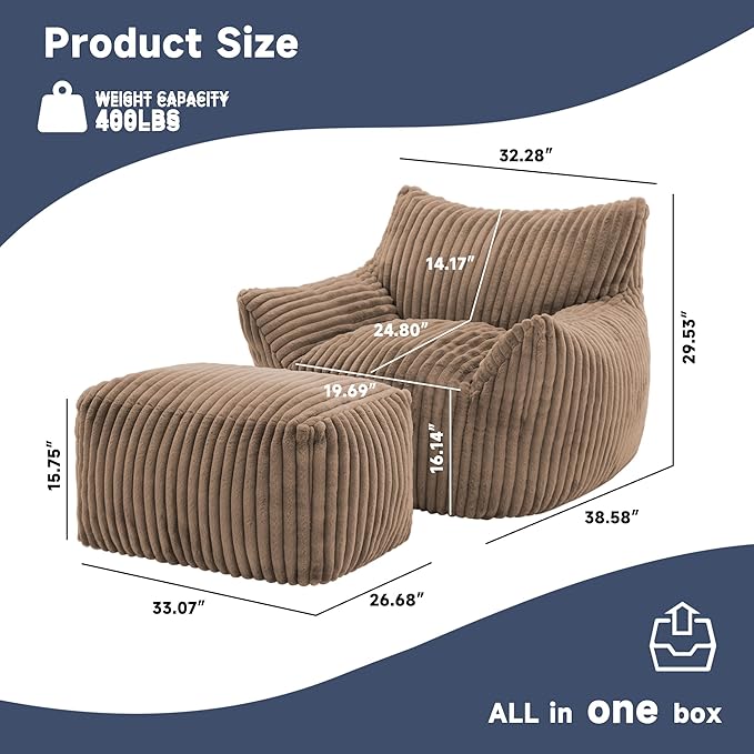 Giant Bean Bag Chairs for Adults, Oversized Chaise Lounge Chair Indoor with Memory Foam - Plush Boneless Lounger & Ottoman for Bedroom, Living Room, Gaming & Reading, Lazy Floor Sofa Chair, Khaki