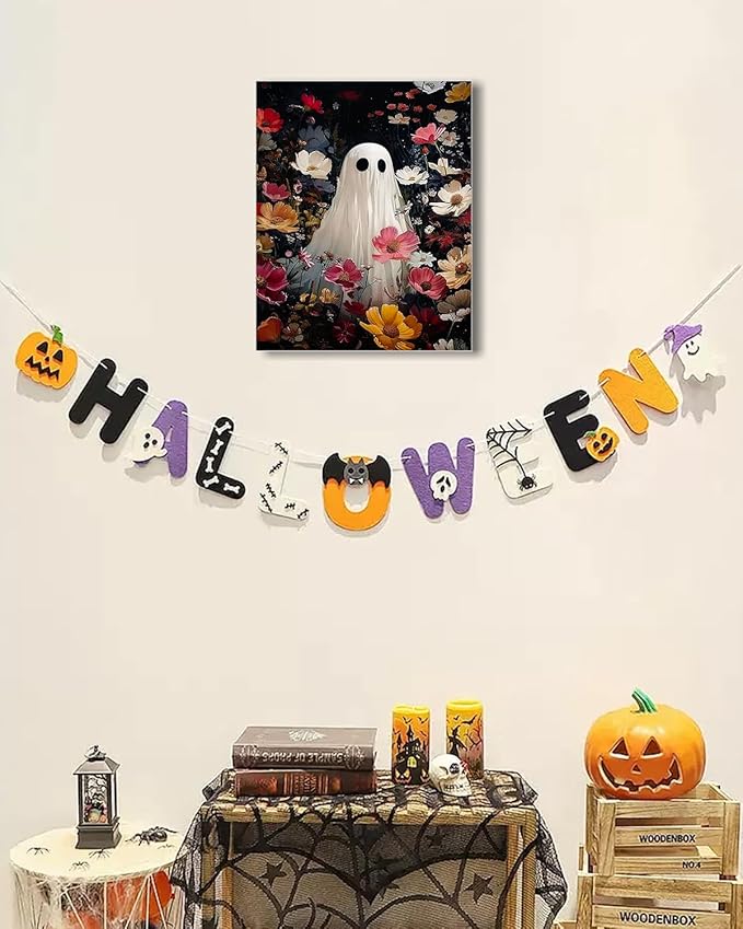 Halloween Canvas Wall Art,Vintage Cute Ghost & Wildflowers Framed Poster, Spooky Fall Decorations for Indoor, Gothic Dark Academia Wall Decor, Funny Halloween Decorations for Living Room Bedroom
