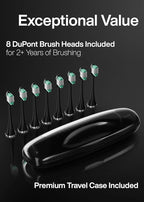 Aquasonic Black Series Ultra Whitening Toothbrush – ADA Accepted Electric Toothbrush- 8 Brush Heads & Travel Case – 40,000 VPM Electric Motor & Wireless Charging - 4 Modes w Smart Timer