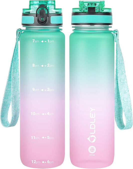 OLDLEY 32 oz Water Bottle, Motivational Water Bottle with Time Marker, Sports Water Bottle With Strap, Leakproof & BPA Free Large Water Bottles for School, Gym, Travel, Outdoor, Tritan,Green&Pink
