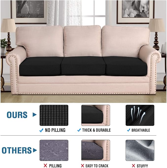 H.VERSAILTEX Super Stretch Individual Seat Cushion Covers Sofa Couch Slipcover Sets Thick Jacquard Textured Twill Fabric (3 Piece Covers, Black)